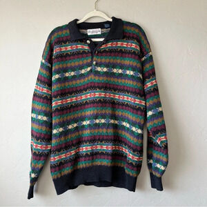 Mens vtg Sweater fair isle Henley collar 90s preppy cottage goblin retro plaid